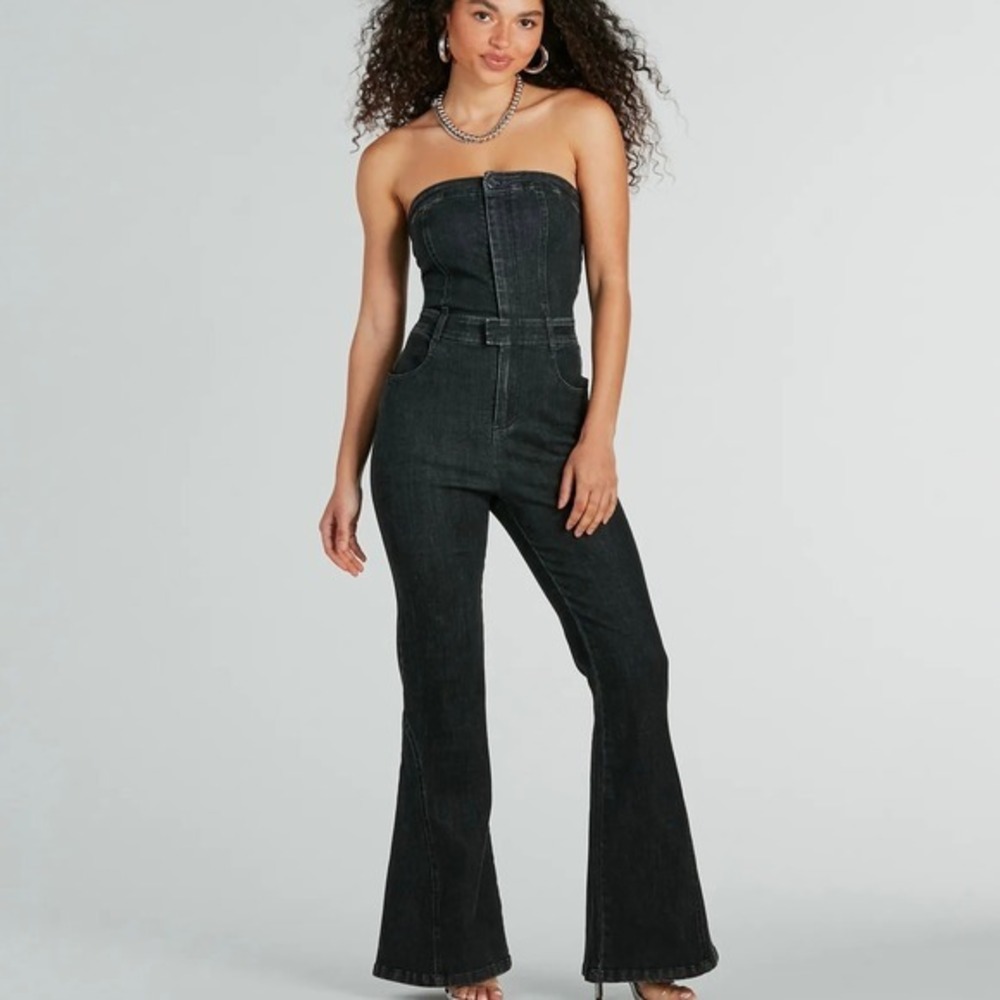 Windsor Dark Wash Denim Strapless Flared Jumpsuit Women‎ Size L